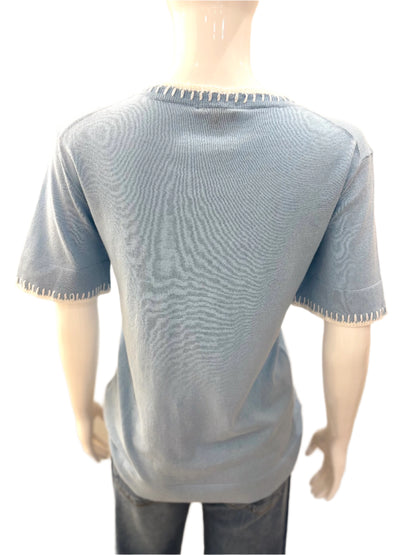 Blossom Stitch Neck Crew Top - Sky