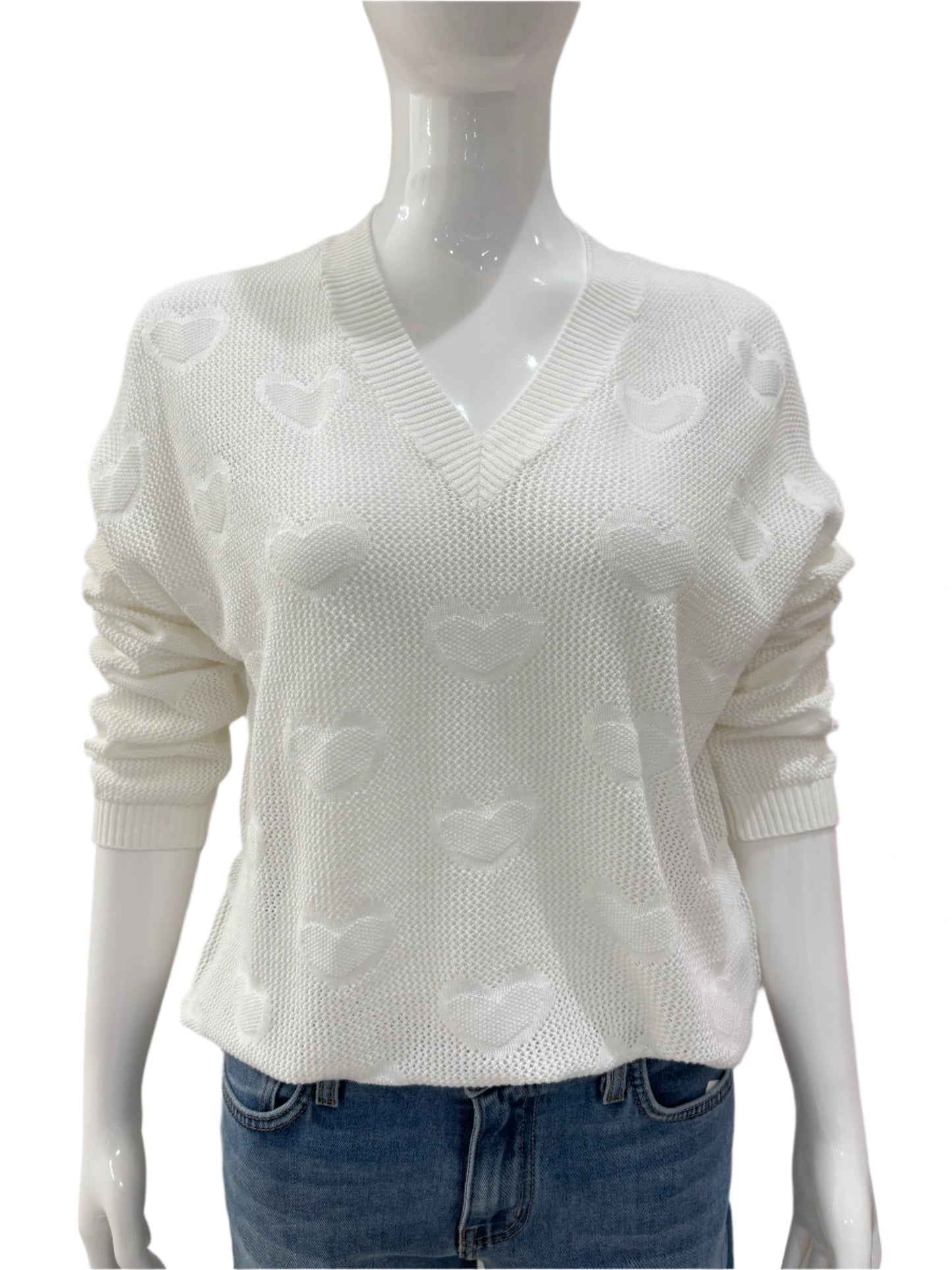 Hearts V Neck Mesh Top - White