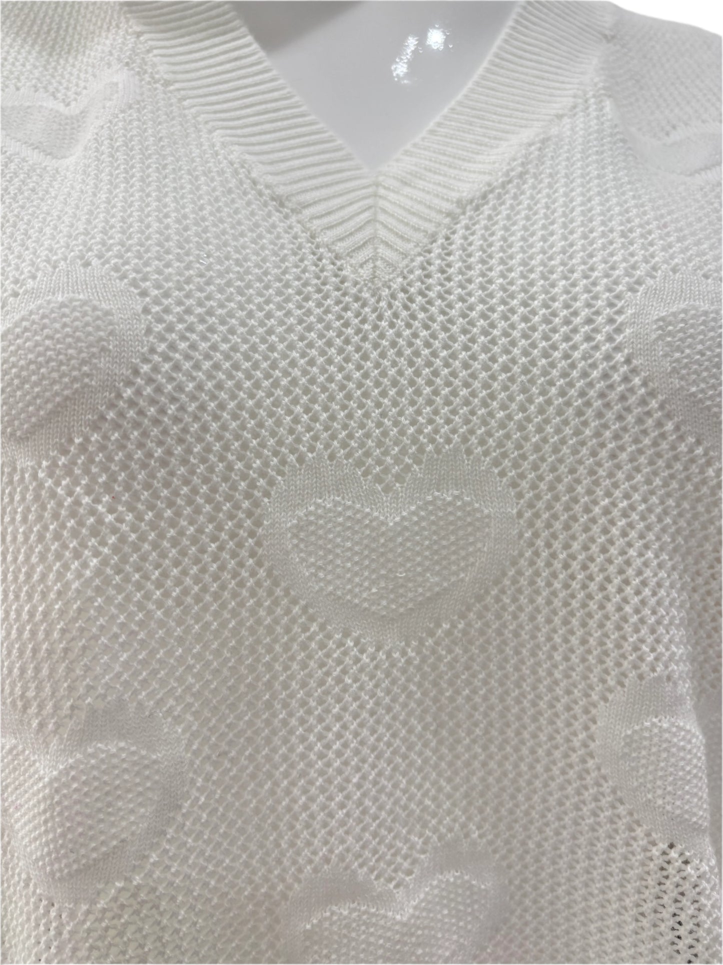 Hearts V Neck Mesh Top - White