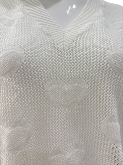 Hearts V Neck Mesh Top - White
