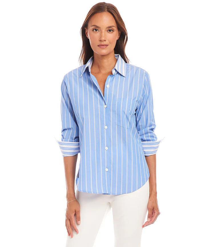 Ruched Sleeve Top - Blue Stripe
