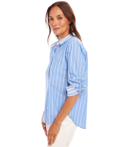 Ruched Sleeve Top - Blue Stripe