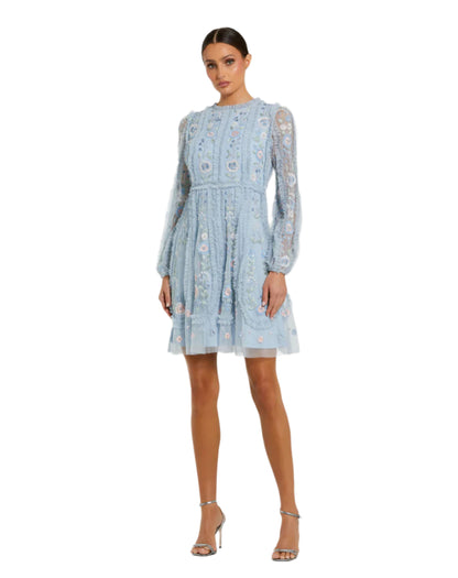 Floral Mesh Micro Ruffle Dress - Powder Blue