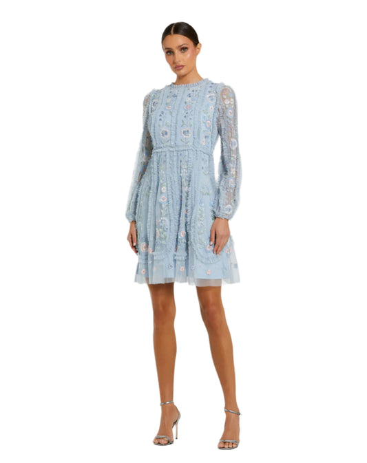 Floral Mesh Micro Ruffle Dress - Powder Blue