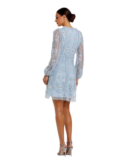Floral Mesh Micro Ruffle Dress - Powder Blue