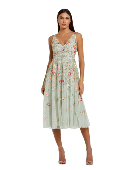 Embroidered Mesh Sleeveless Dress - Sage