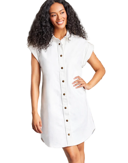 Cap Sleeve Denim Shirtdress - Cream