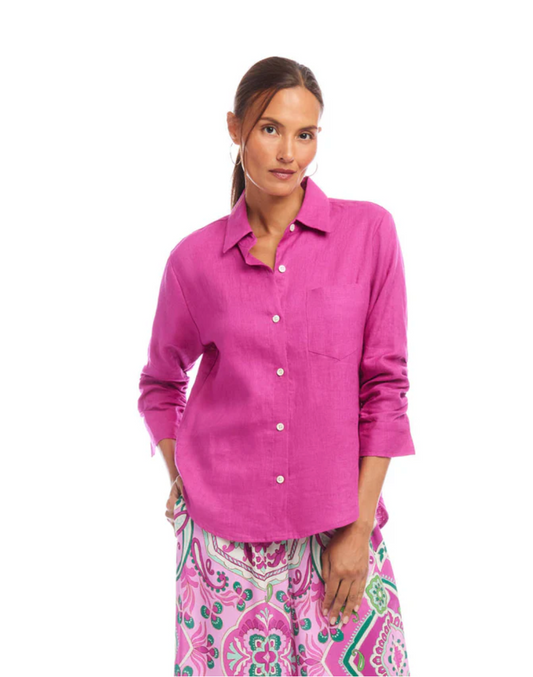 Linen Ruched Sleeve Shirt - Orchid