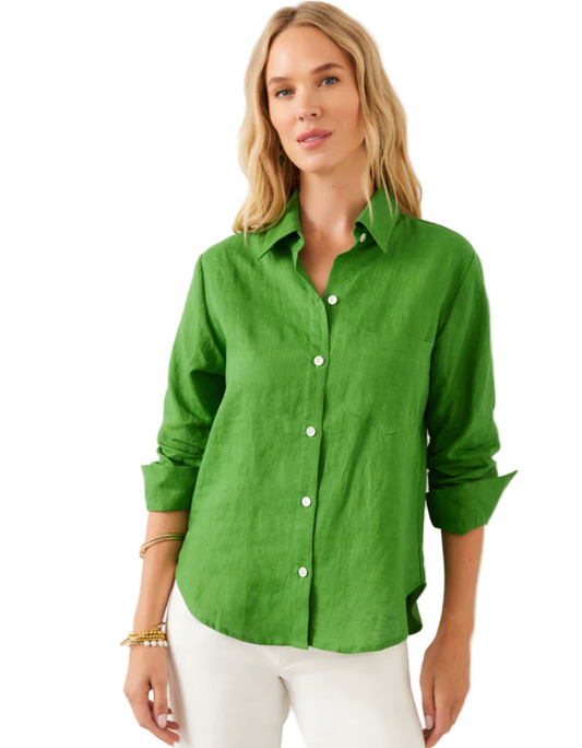 Linen Ruched Sleeve Shirt - Green