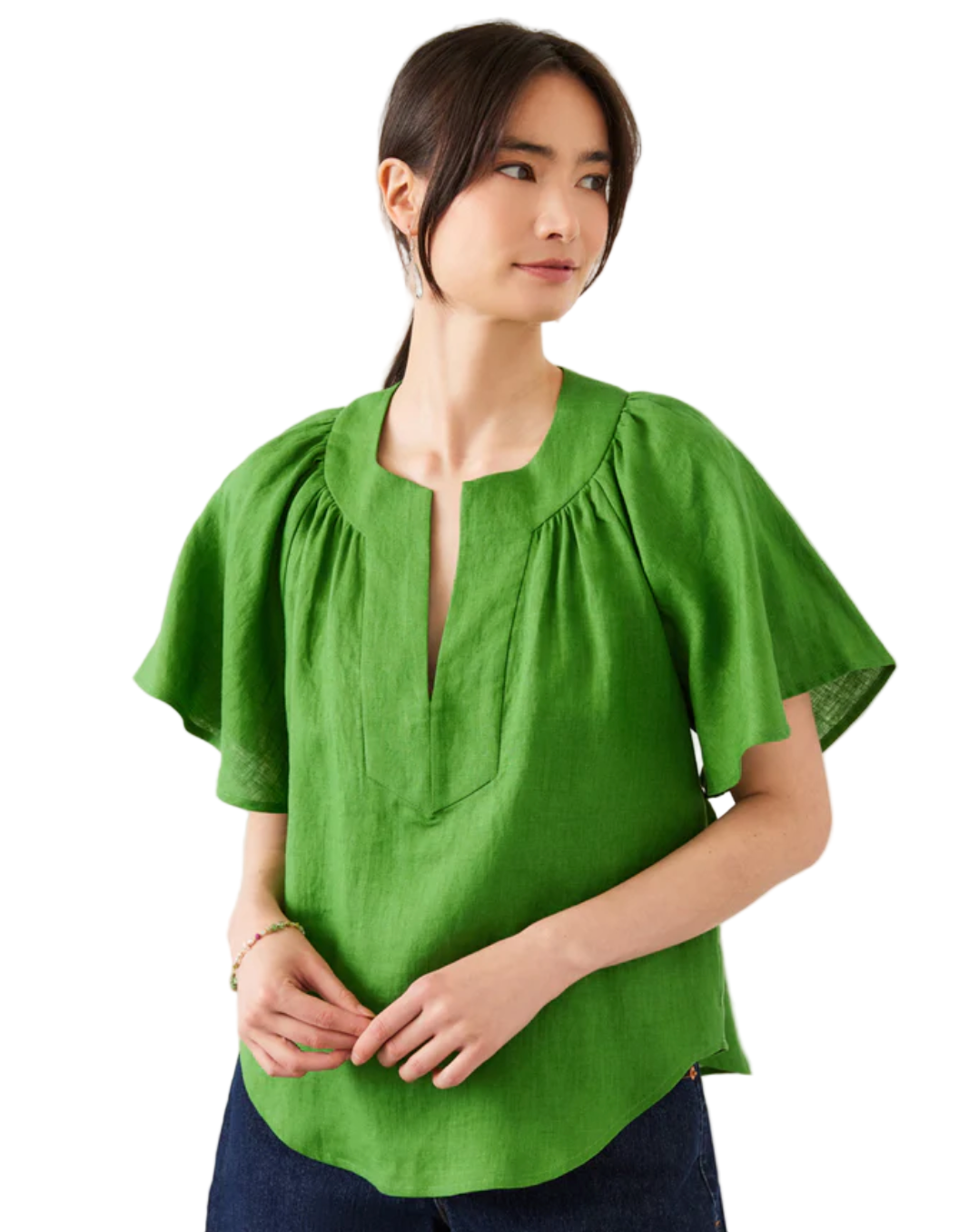 Linen Flutter Sleeve Top -Green
