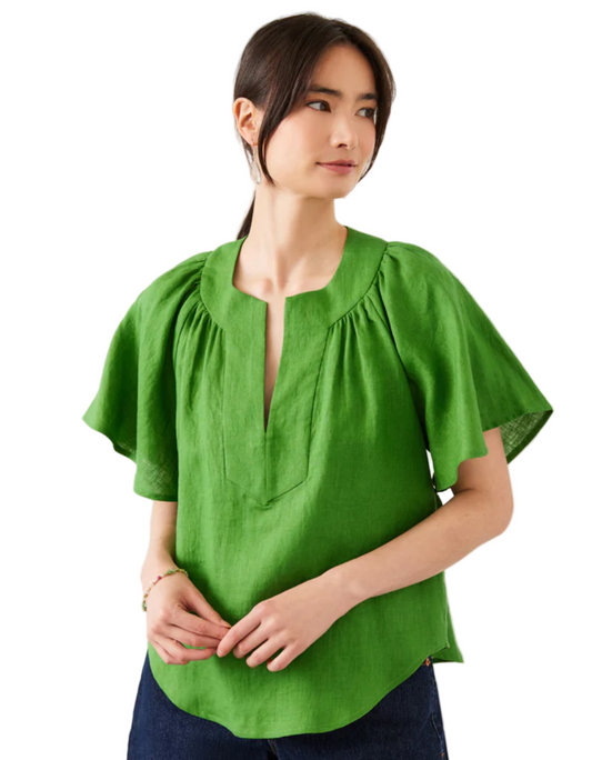 Linen Flutter Sleeve Top -Green