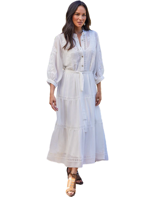 Embroidered Tiered Dress - Cream