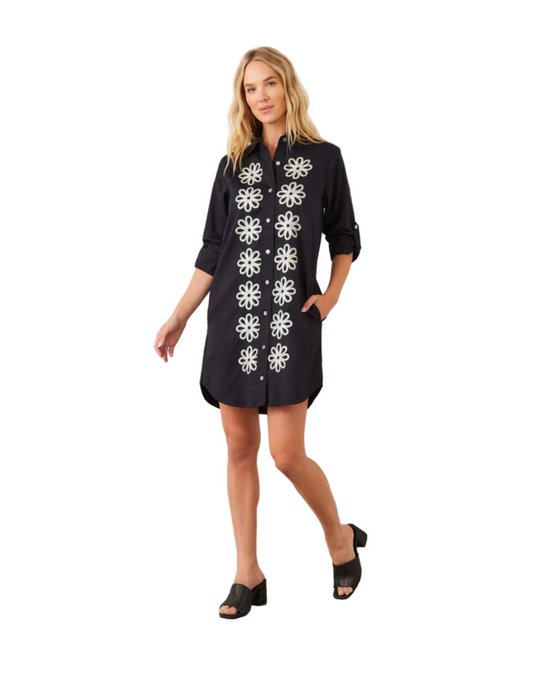 Roll Tab Embroidered Shirtdress - Black