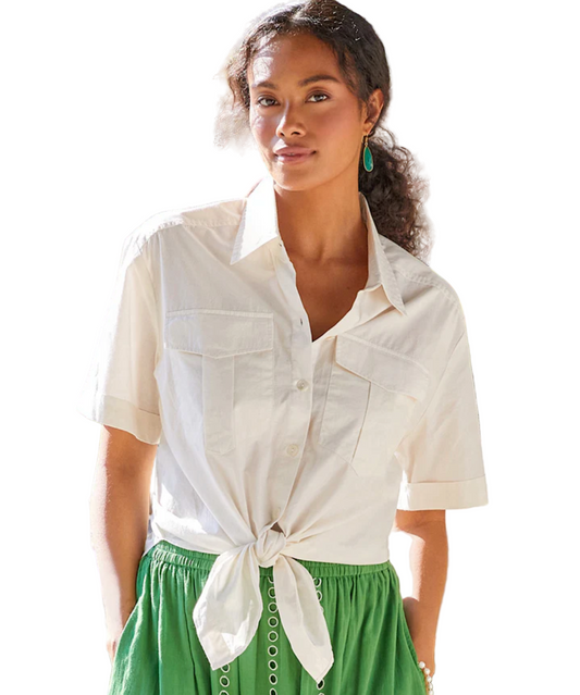 Short Sleeve Tie-Front Top - Cream