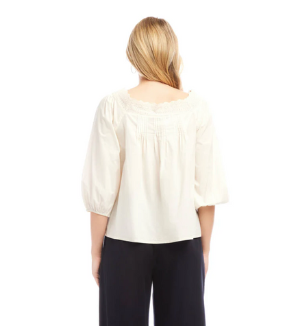 3/4 Sleeve Square Neck Button-Up Blouse - Cream