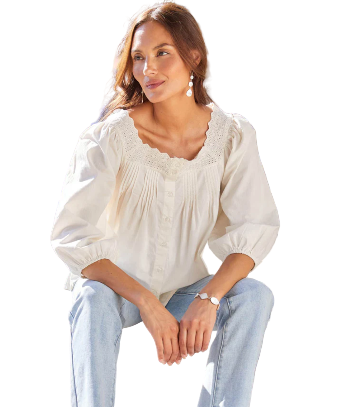 3/4 Sleeve Square Neck Button-Up Blouse - Cream