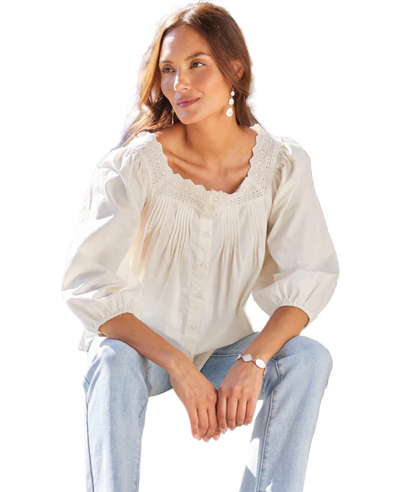 3/4 Sleeve Square Neck Button-Up Blouse - Cream