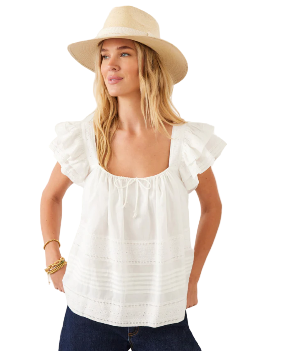 Embroidered Ruffle Sleeve Blouse - Cream