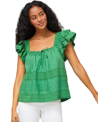 Embroidered Ruffle Sleeve Blouse - Green