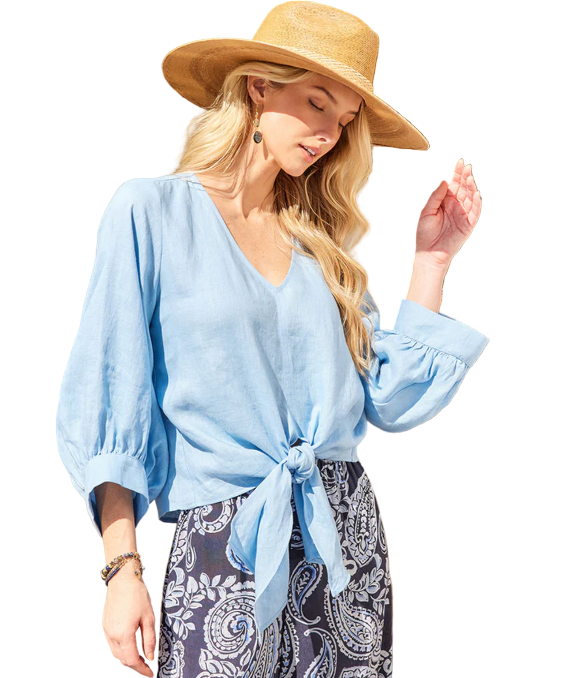 Linen Tie-Front Top - Lake