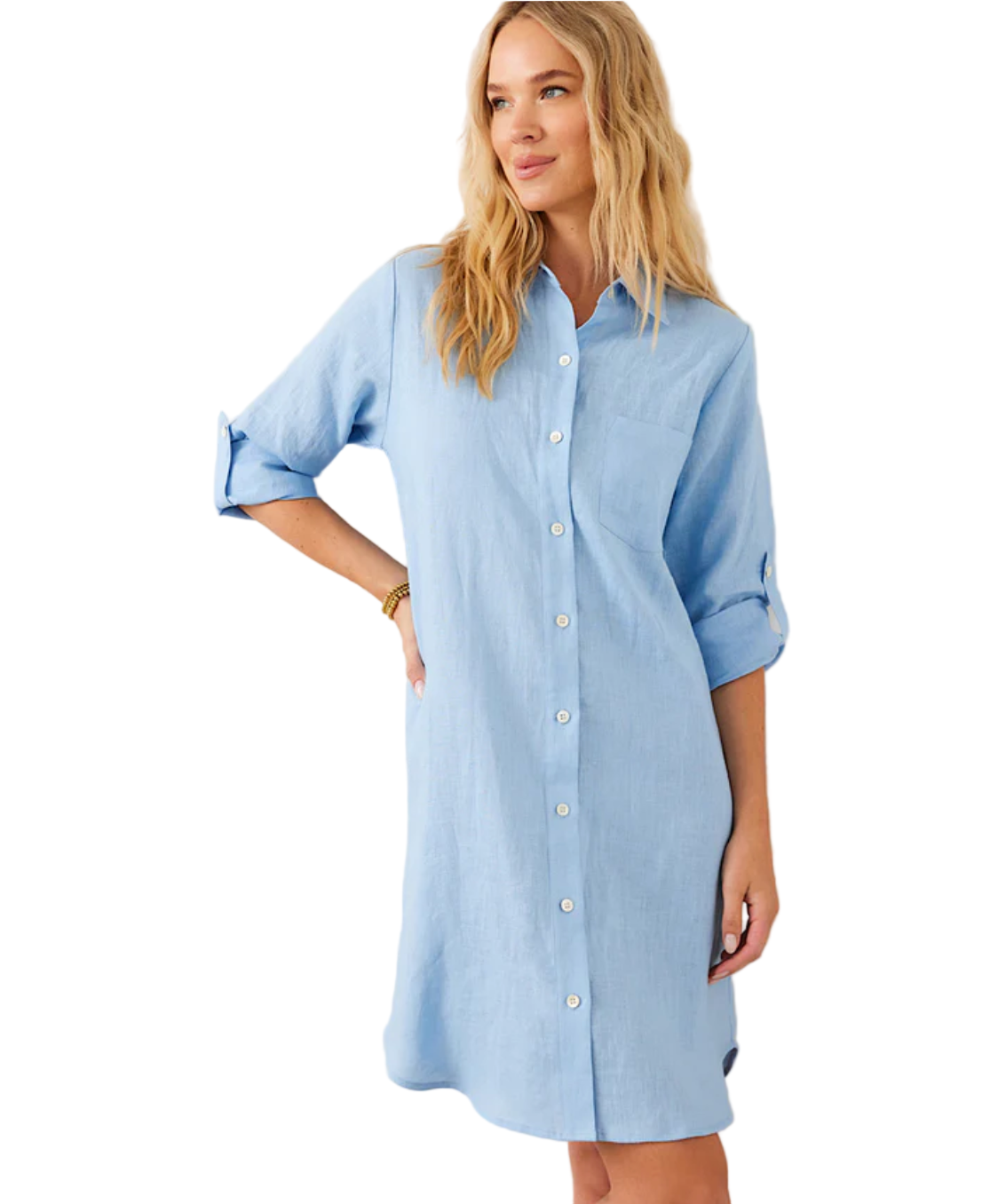 Roll Tab Linen Shirtdress - Lake