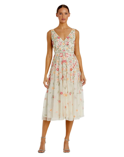 Embroidered Mesh Sleeveless Dress - Nude Multi
