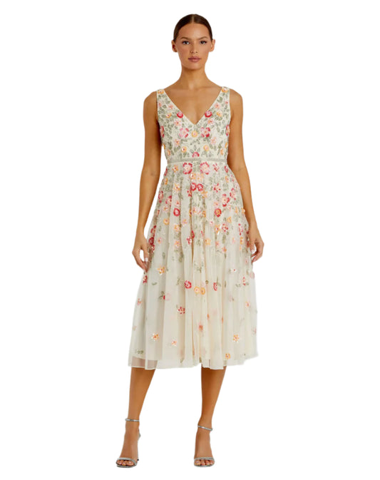 Embroidered Mesh Sleeveless Dress - Nude Multi